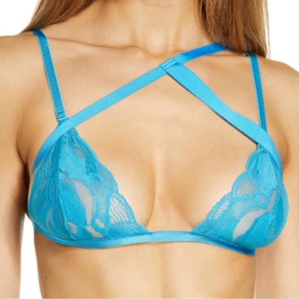 Suzy Black Lace Bralette Blue Size Large Sexy Strappy Lingerie Bra